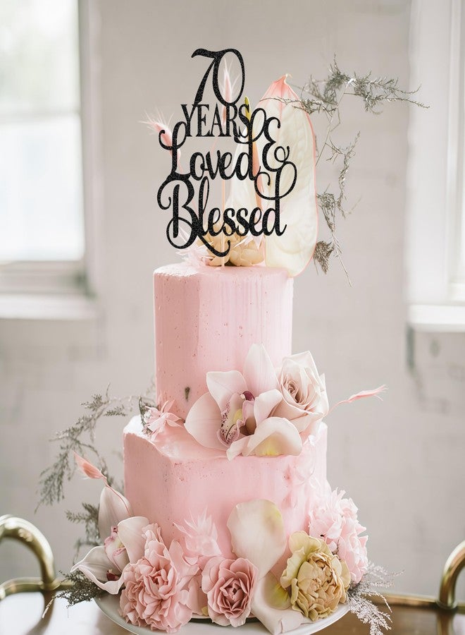 AHAORAY 70 Years Loved Cake Topper - Black Glitter 70th Birthday Cake Decorating Supplies, Perfect for 70th Anniversary or Birthday Photo Booth Props - Image 4