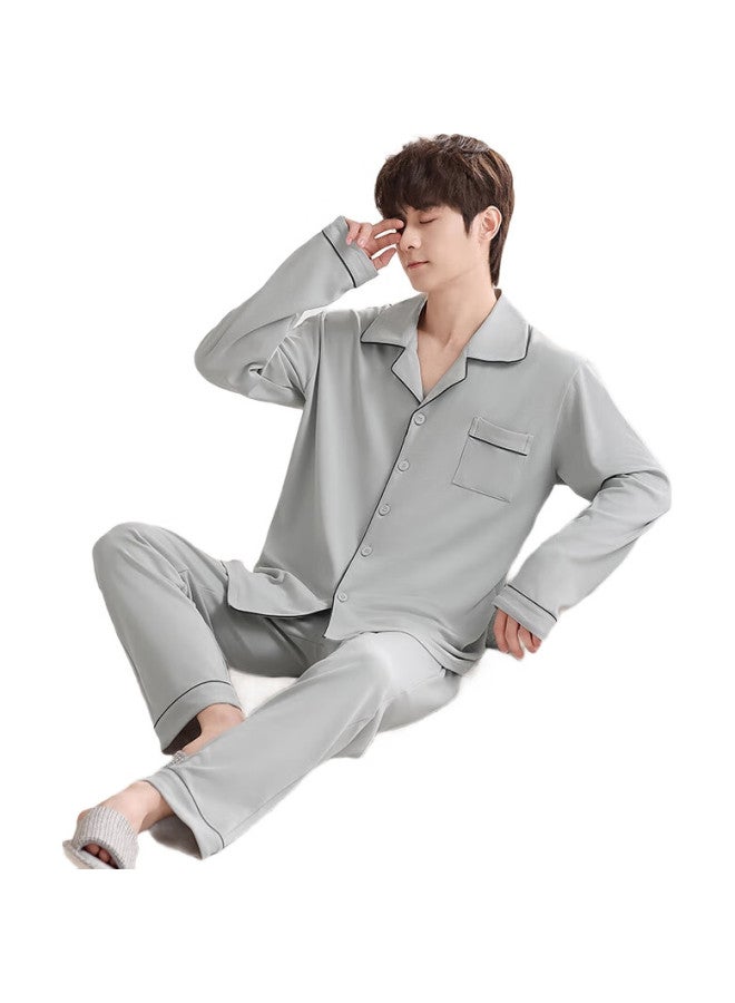 JOAE [Super Cool Series] Pure Cotton Men'S Pajamas, Spring And Autumn Long-Sleeve Long Pants, Wearable As Outerwear, Cardigan Loungewear, Gray, 3Xl - Image 2