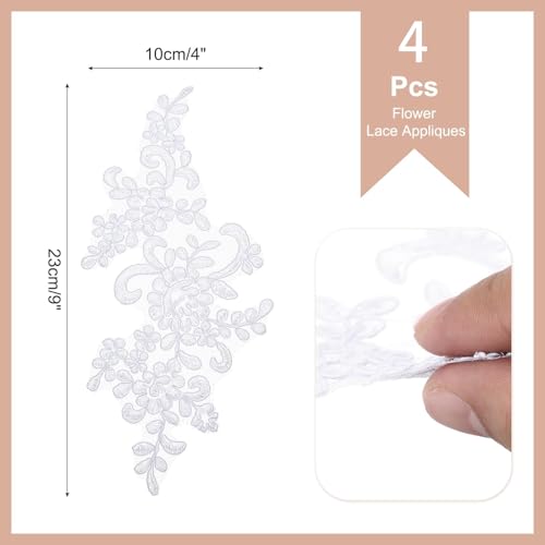 BharatBazaar 4 Pcs Lace Patches for Dress, Flower Lace Embroidery Patches for Clothing, DIY Craft Embellishments, Bridal Dress Decorations 21x10 cm - Image 2