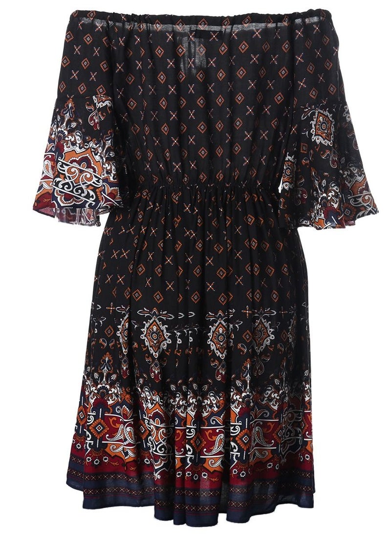 Loquat Women's Off Shoulder Flared Sleeve Printed Dress Multicolour 