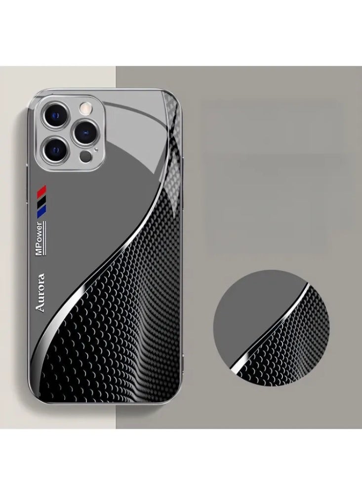 حقيبة هاتف زجاجية مقساة مطليّة، غطاء واقي مضاد للصدمات بنمط ألياف الكربون لـ iPhone 17/17 Pro/17 Pro Max - Image 1