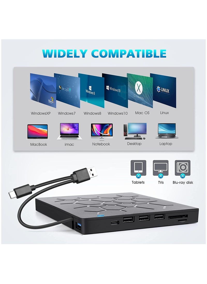 External DVD Drive USB 3.0 CD DVD Burner for Laptop Type-C CD/DVD  Optical Disk Drive with 4 USB Ports and 2 SD Card Slots Ultra Slim for Mac PC Windows 11/10/8/7 Linux OS