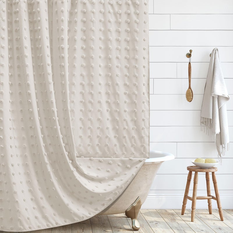 Siiluminisoy Boho Farmhouse Beige Shower Curtain Woven Fabric Cute Shower Curtain, 72 x 72 Tufted Pleat Floral Puffs Textured Modern Farmhouse Minimalist Shower Curtain Set with Hooks for Bathroom - Image 1
