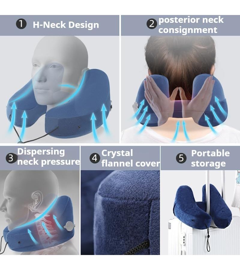 Gray Inflatable Travel Neck Pillow with Hood for Airplane Car - Image 5