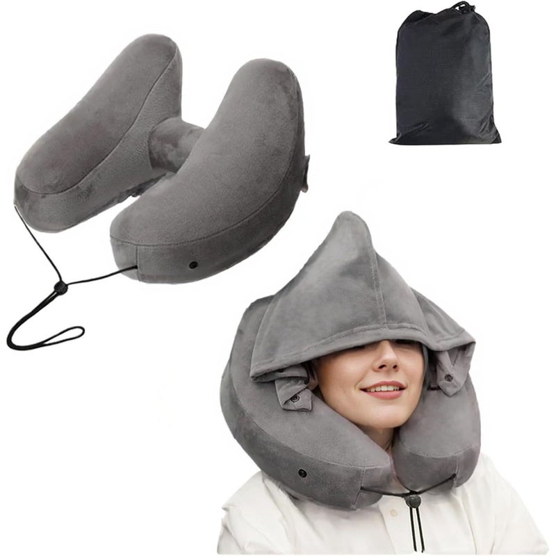 Gray Inflatable Travel Neck Pillow with Hood for Airplane Car - Image 1