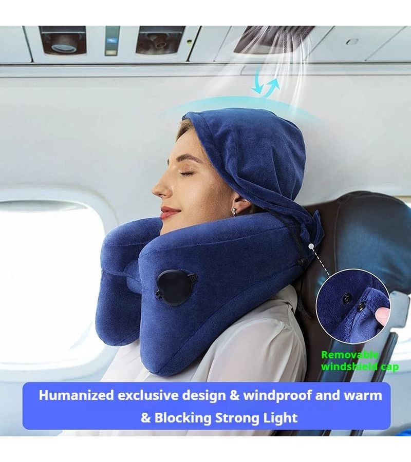 Gray Inflatable Travel Neck Pillow with Hood for Airplane Car - Image 4