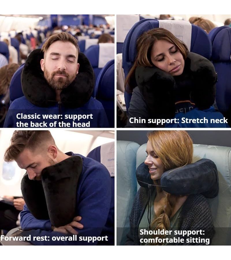 Gray Inflatable Travel Neck Pillow with Hood for Airplane Car - Image 2