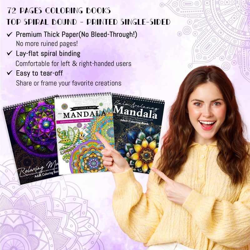 CKMOREL 3Pcs Adult Coloring Book Spiral Bound, Mandala Coloring Book for Adult Relaxation, Original Design with 72 Patterns, Thick Paper One Sided Design, Hand-Drawn Design, Anxiety Relief Mindfulness Gifts - Image 3