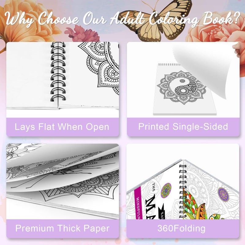 CKMOREL 3Pcs Adult Coloring Book Spiral Bound, Mandala Coloring Book for Adult Relaxation, Original Design with 72 Patterns, Thick Paper One Sided Design, Hand-Drawn Design, Anxiety Relief Mindfulness Gifts - Image 4
