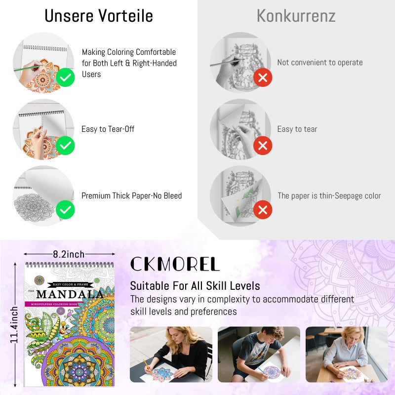 CKMOREL 3Pcs Adult Coloring Book Spiral Bound, Mandala Coloring Book for Adult Relaxation, Original Design with 72 Patterns, Thick Paper One Sided Design, Hand-Drawn Design, Anxiety Relief Mindfulness Gifts - Image 2