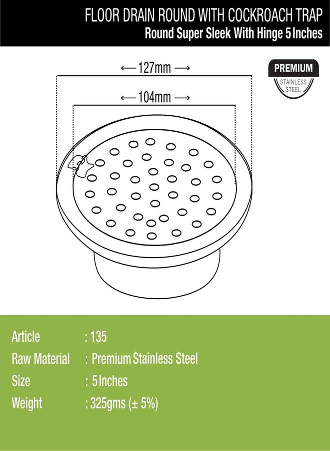 LIPKA Super Sleek Round Floor Drain |Stainless Steel |5 Inches| with Cockroach Trap & Hinge| - Image 2