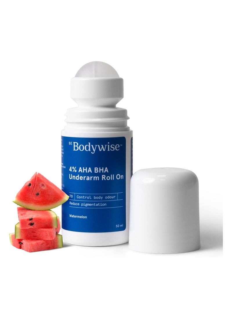 Be Bodywise - Be Bodywise 4% AHA BHA Underarm Roll On Deodorant | Watermelon Fragrance | With 1% Mandelic Acid, 2% Lactic Acid & Alpha Arbutin | Prevents Body Odour, Fades Pigmentation | 50ml - Image 1