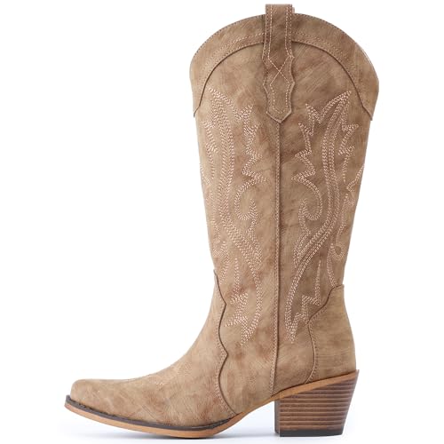 IUV Cowboy Boots For Women Western Cowgirl Boots with Chunky Heel Mid Calf Snip Toe Ideal for low insteps - Image 3