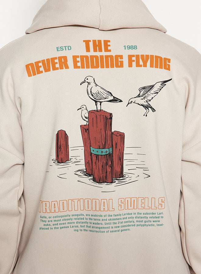 trendyol Stone Oversize/Wide Cut Hooded Animal Printed Fleece Cotton Sweatshirt TMNAW24SW00136 - Image 5