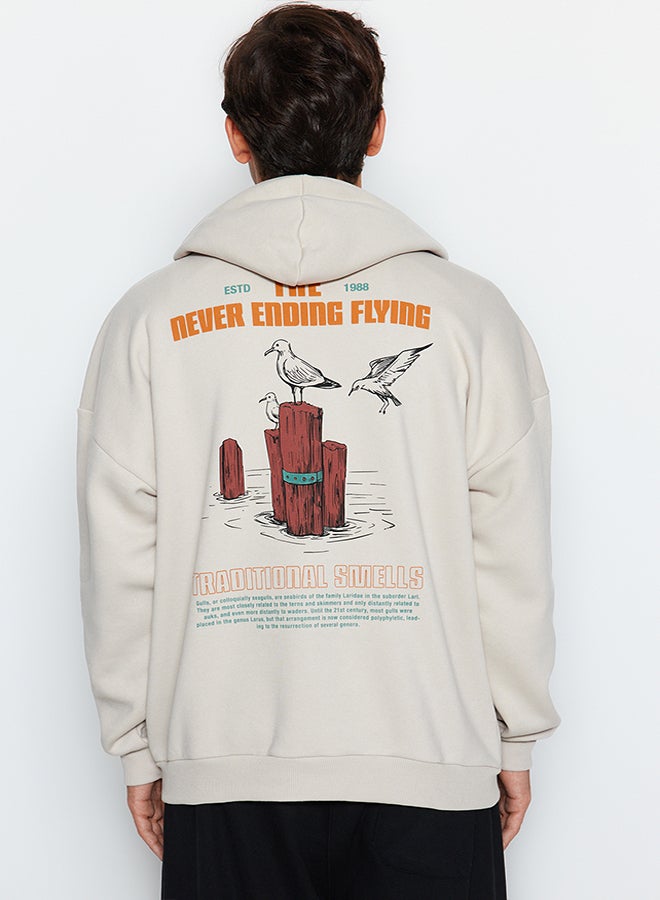 trendyol Stone Oversize/Wide Cut Hooded Animal Printed Fleece Cotton Sweatshirt TMNAW24SW00136 - Image 4