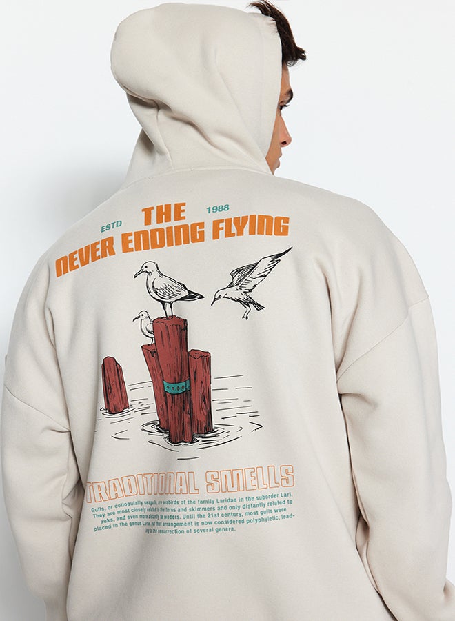 trendyol Stone Oversize/Wide Cut Hooded Animal Printed Fleece Cotton Sweatshirt TMNAW24SW00136 - Image 2
