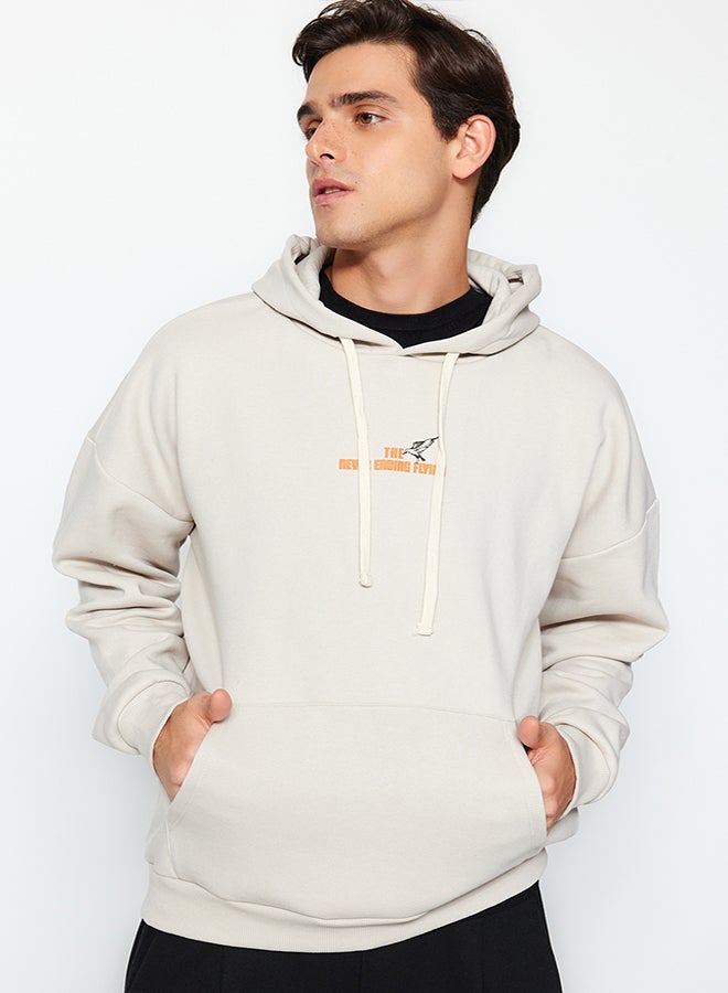 trendyol Stone Oversize/Wide Cut Hooded Animal Printed Fleece Cotton Sweatshirt TMNAW24SW00136 - Image 1