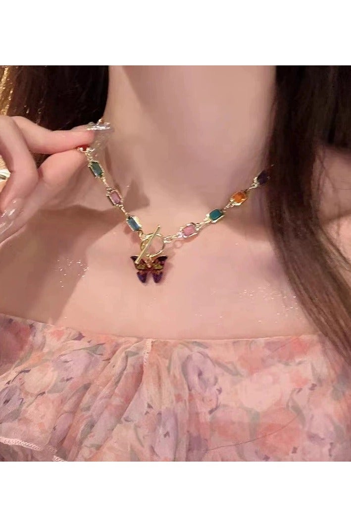 جلوسكي Colorful Crystal erfly Necklace – Retro Square Gem OT Clasp Choker for Women, Summer Luxury Jewelry - Image 3