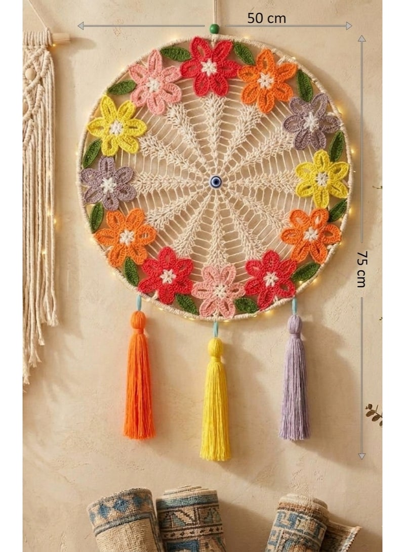 Handmade Macrame Round Dreamcatcher Wall Hanging, Boho Crochet Mandala, Off-white, Red, Yellow, Orange, Purple, 50 cm Width (Flowers Macrame, Large Size ) - Image 4