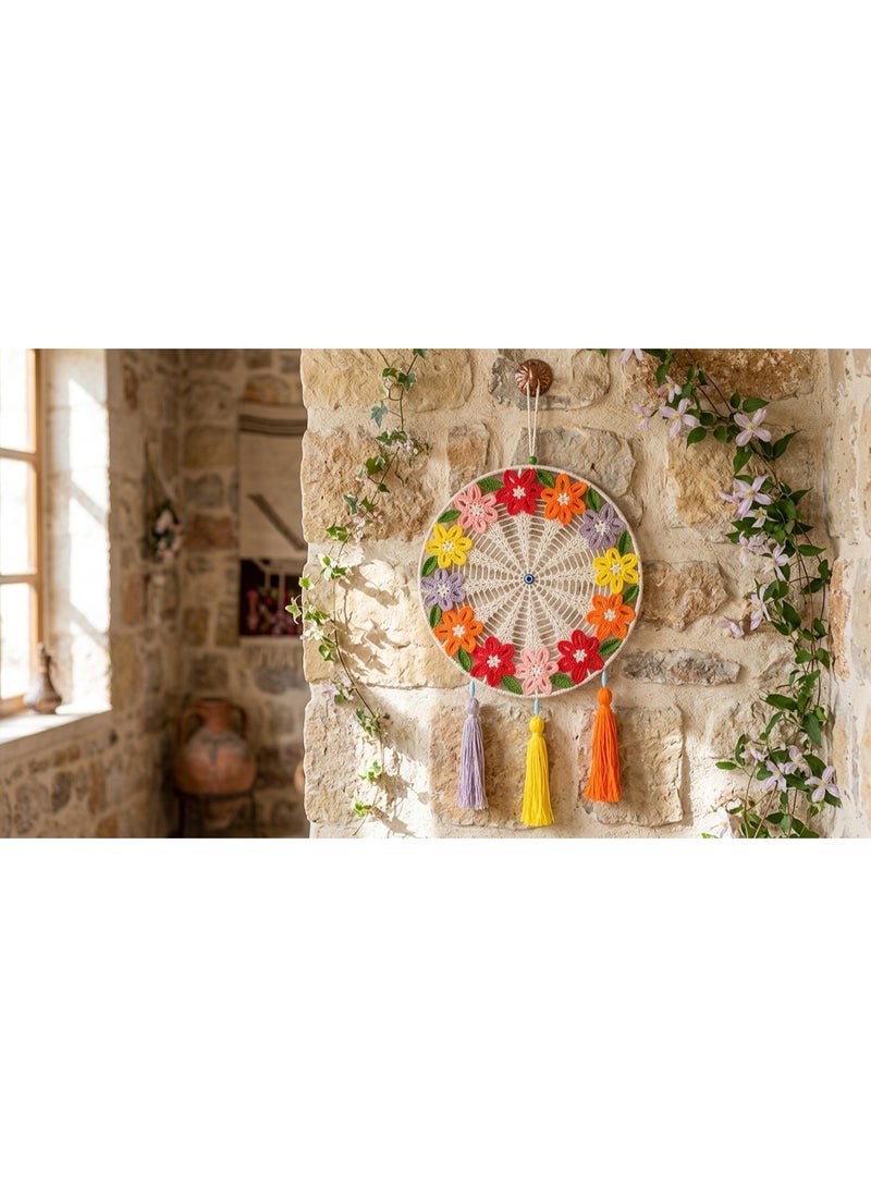 Handmade Macrame Round Dreamcatcher Wall Hanging, Boho Crochet Mandala, Off-white, Red, Yellow, Orange, Purple, 50 cm Width (Flowers Macrame, Large Size ) - Image 3
