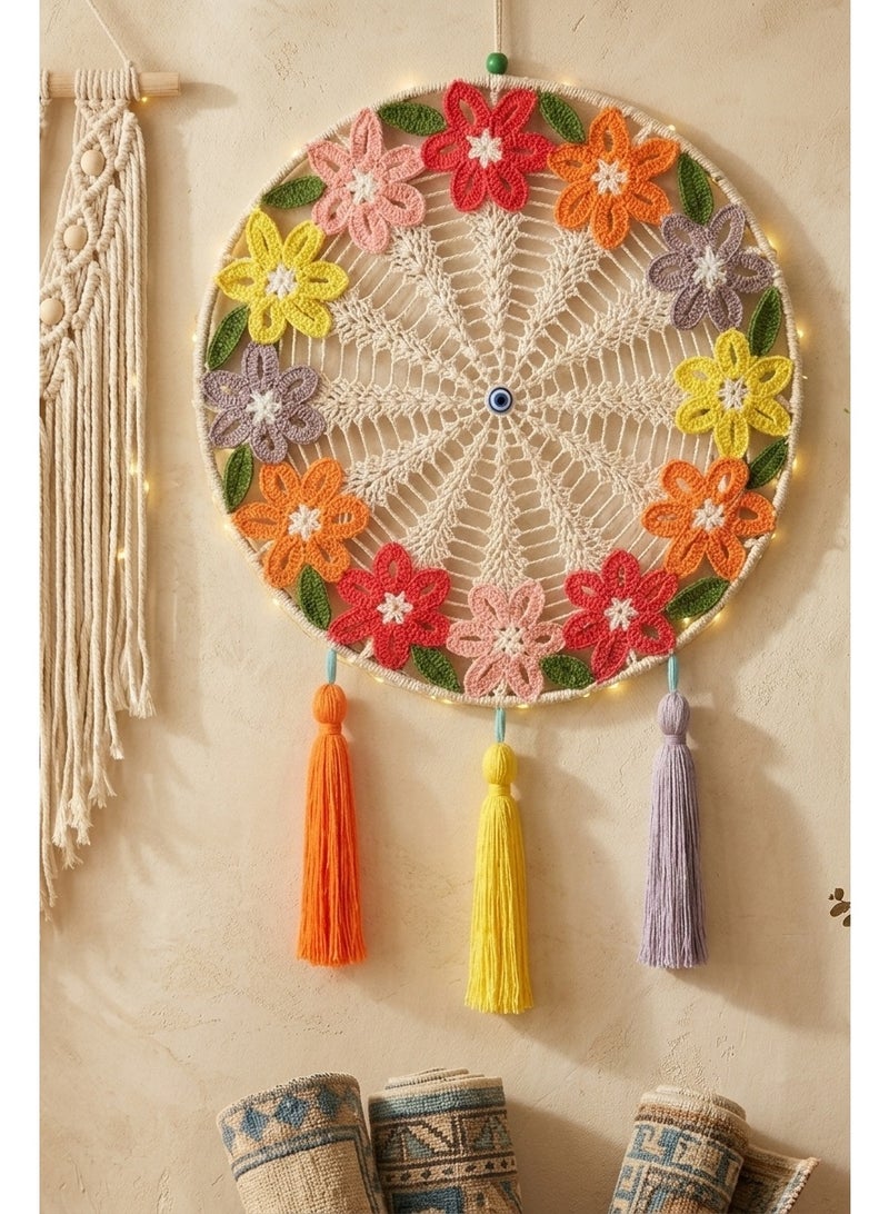 Handmade Macrame Round Dreamcatcher Wall Hanging, Boho Crochet Mandala, Off-white, Red, Yellow, Orange, Purple, 50 cm Width (Flowers Macrame, Large Size ) - Image 2