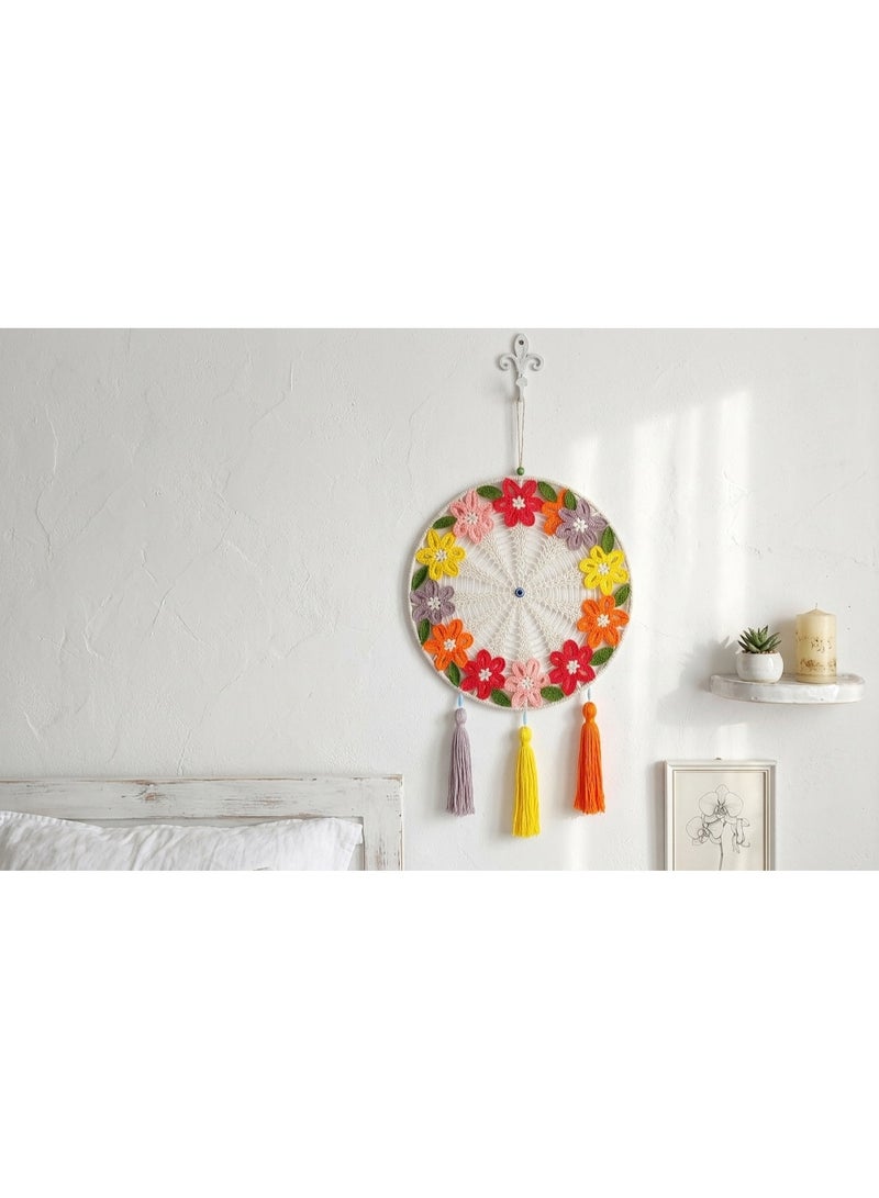 Handmade Macrame Round Dreamcatcher Wall Hanging, Boho Crochet Mandala, Off-white, Red, Yellow, Orange, Purple, 50 cm Width (Flowers Macrame, Large Size ) - Image 5