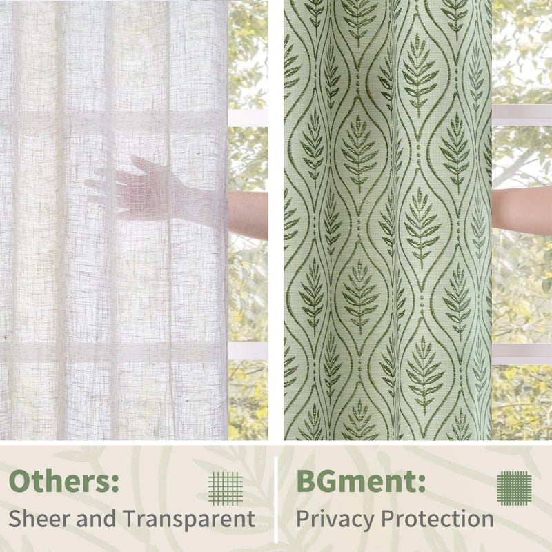 BGment Olive Green Curtains for Spring Themed Room Decor, Botanical Jacquard Leaf Pattern Vintage Window Light Filtering Boho Sheer Linen Curtains for Living Room, 2 Panels, 52 x 84 Inch - Image 5