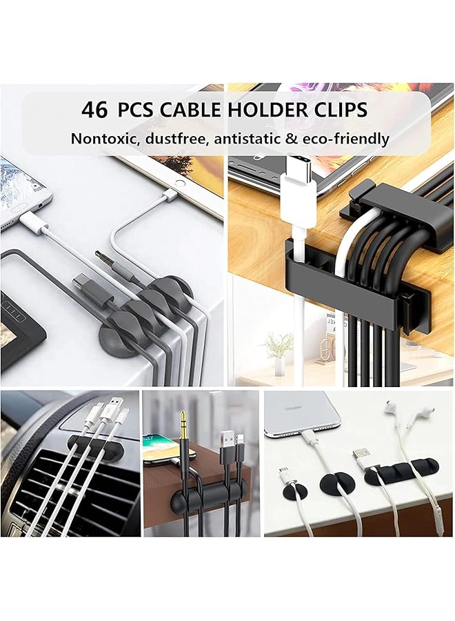 erorex Cord Management Organizer Kit 4 Cable Sleeve Split With 41Self Adhesive Clips Holder 10Pcs And 2 Roll Self Tie 100 Fastening Ties For Tv Office Car Desk Home Black - Image 2