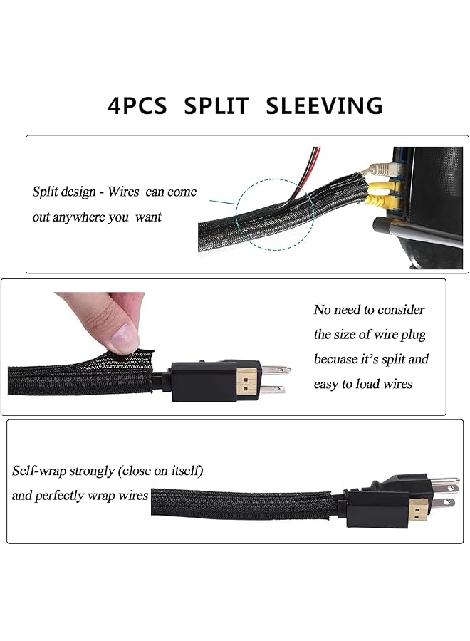 erorex Cord Management Organizer Kit 4 Cable Sleeve Split With 41Self Adhesive Clips Holder 10Pcs And 2 Roll Self Tie 100 Fastening Ties For Tv Office Car Desk Home Black - Image 3