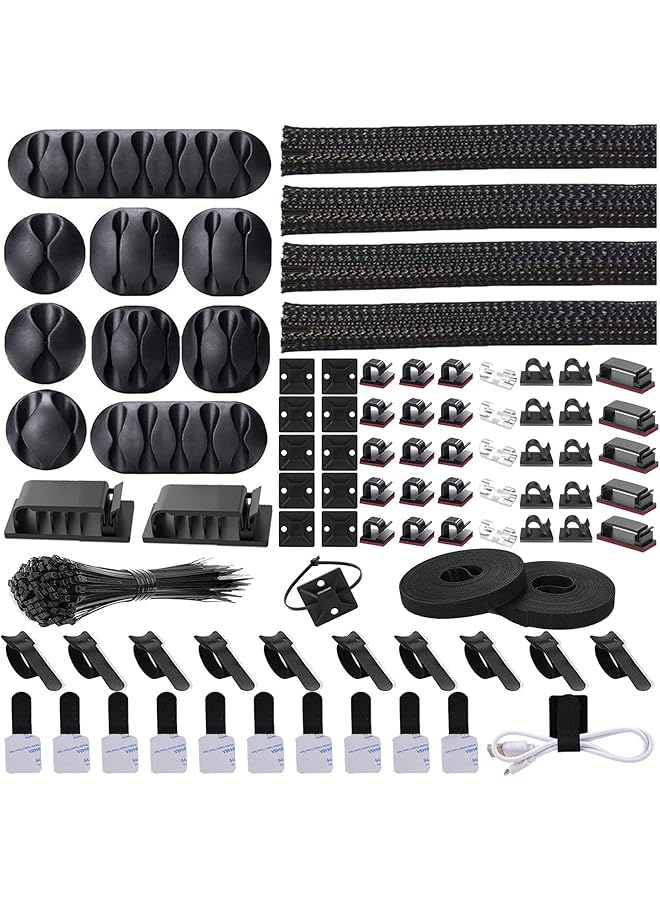 erorex Cord Management Organizer Kit 4 Cable Sleeve Split With 41Self Adhesive Clips Holder 10Pcs And 2 Roll Self Tie 100 Fastening Ties For Tv Office Car Desk Home Black - Image 1