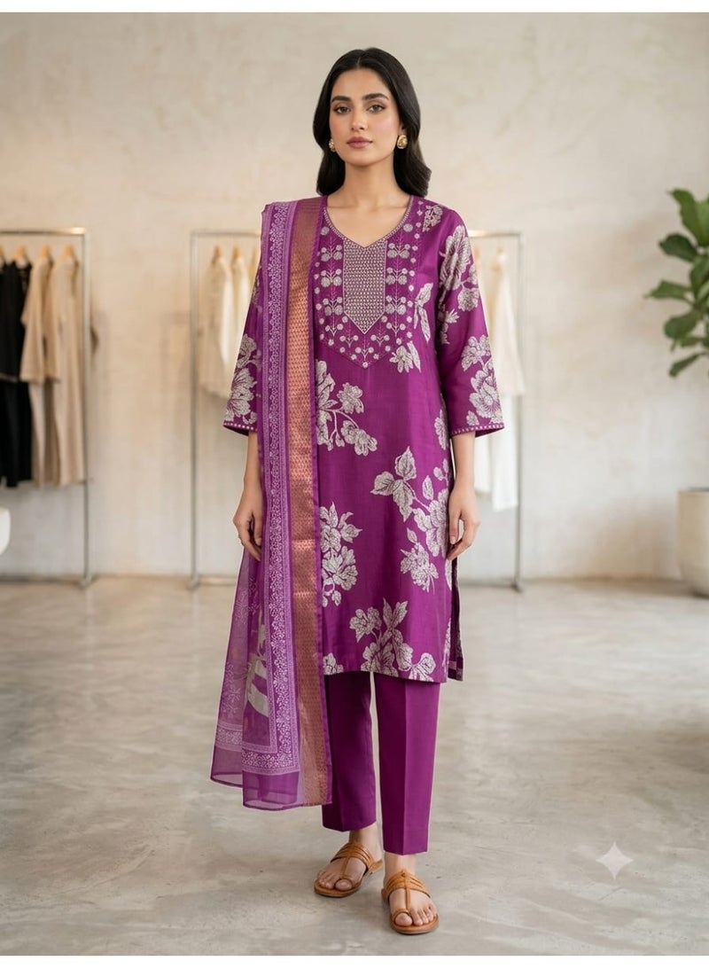 Women's Purple Floral Embroidered Kurti Suit with Dupatta