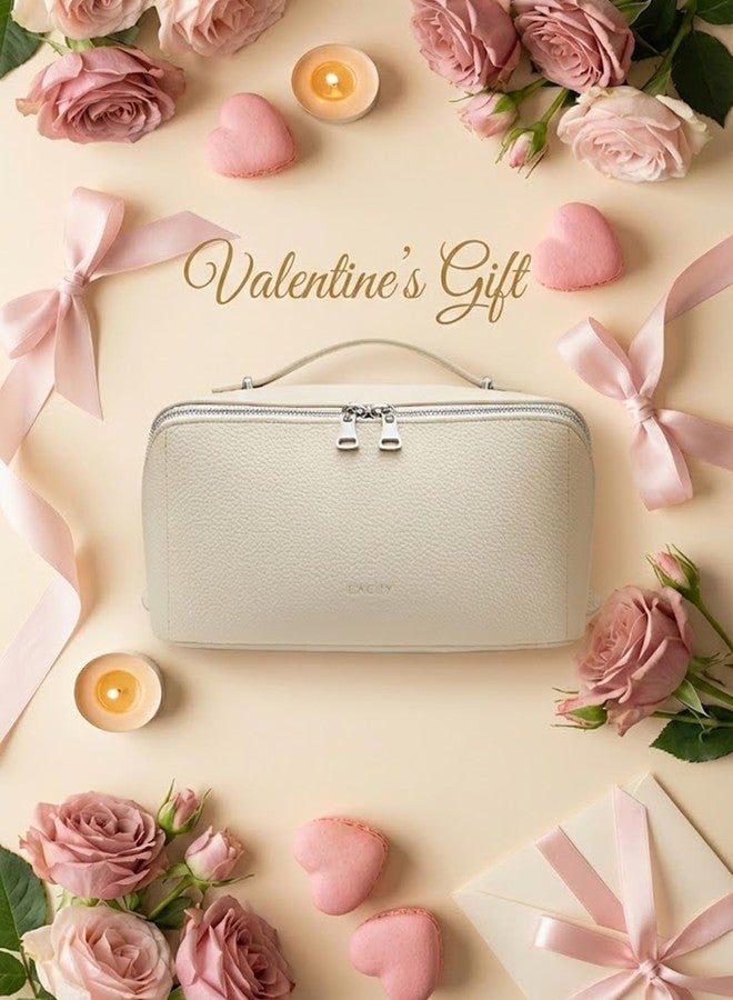 EACHY Makeup Bag,Large Capacity Travel Makeup Bag,Waterproof Portable Open Flat Toiletry Bag Cosmetic Bag with Divider and Handle, White, Medium - Image 2