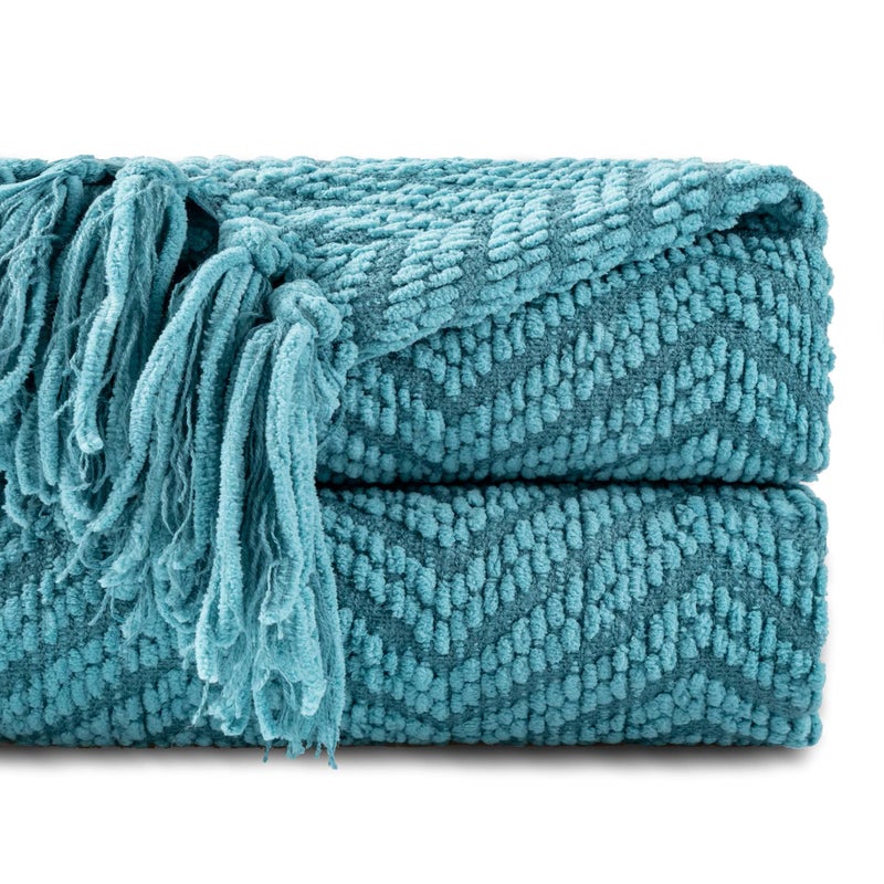 BATTILO HOME Teal Throw Blanket for Couch Knit Woven Turquoise Blanket Versatile for Chair Super Soft Warm Decorative Blanket with Tassels for Bed Sofa and Living Room 60 x 80