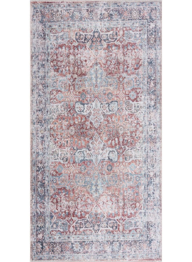 Bloom Rugs Caria Washable Non-Slip 3x5 Rug - Brick/Dark Blue Traditional Area Rug for Living Room, Bedroom, Dining Room, and Kitchen - Exact Size: 3' x 5' - Image 1