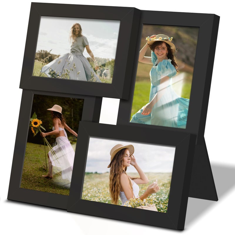 DUENPY 4x6 Collage Picture Frame Tempered Glass Front Displays Four 4x6 Photo Family Photo Collage Frame Wall Decor Wall Hanging or Tabletop Black