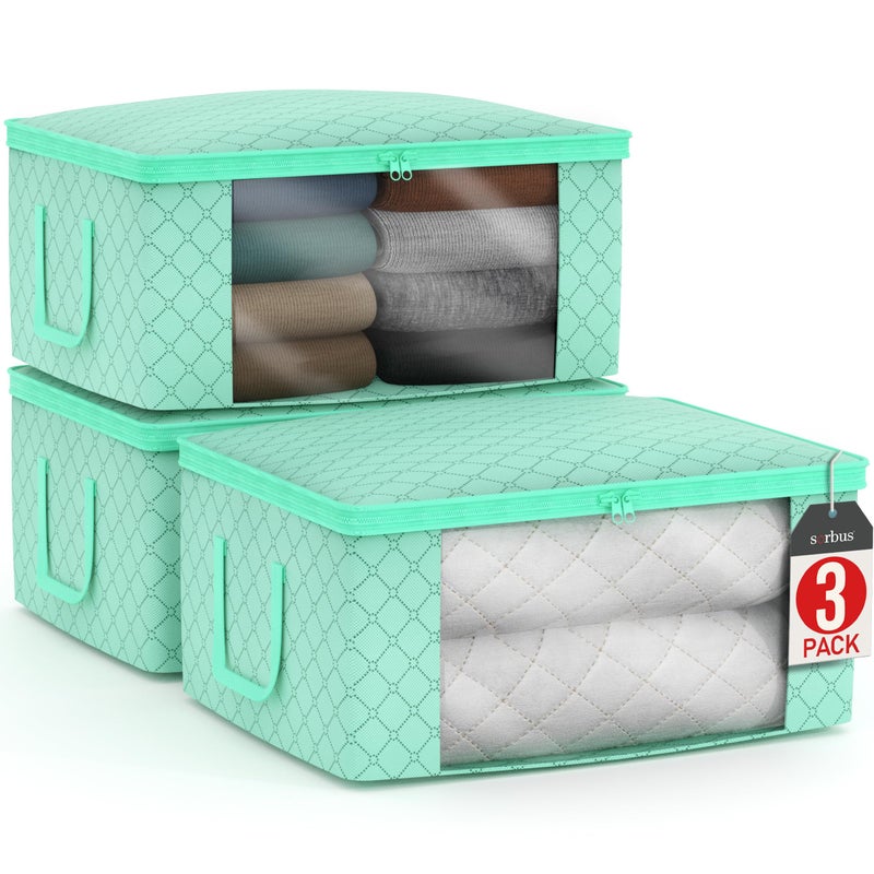 Sorbus Medium Clothes Storage Bags Foldable Blanket Storage Bins for Organizing Bedroom Closet Clothing Comforter Organization with Clear Window Lids and Carry Handles Set of 3 - Image 2