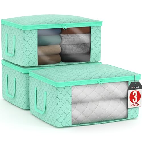 Sorbus Medium Clothes Storage Bags Foldable Blanket Storage Bins for Organizing Bedroom Closet Clothing Comforter Organization with Clear Window Lids and Carry Handles Set of 3 - Image 1