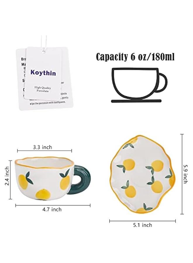 طقم أكواب قهوة خزفية مع saucer، تصميم فريد وكيوت مع صحن غير منتظم للمكتب والمنزل، آمنة للغسالة والميكروويف، سعة 6 أوقيات/180 مل للاتيه والشاي والحليب (برتقالي طازج) - Image 2