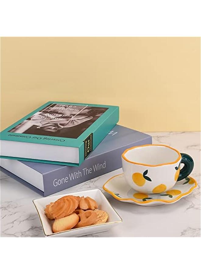 طقم أكواب قهوة خزفية مع saucer، تصميم فريد وكيوت مع صحن غير منتظم للمكتب والمنزل، آمنة للغسالة والميكروويف، سعة 6 أوقيات/180 مل للاتيه والشاي والحليب (برتقالي طازج) - Image 5