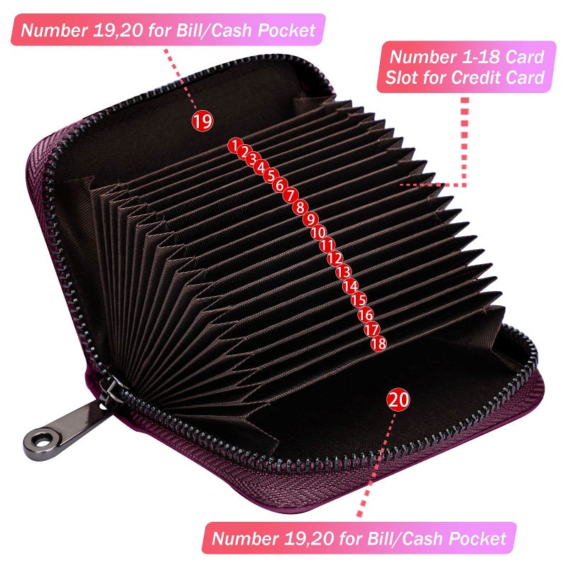 Linno RFID 20 Slots Credit Card Holder Genuine Leather Small Wallet for Women or Men with Zipper - Image 2
