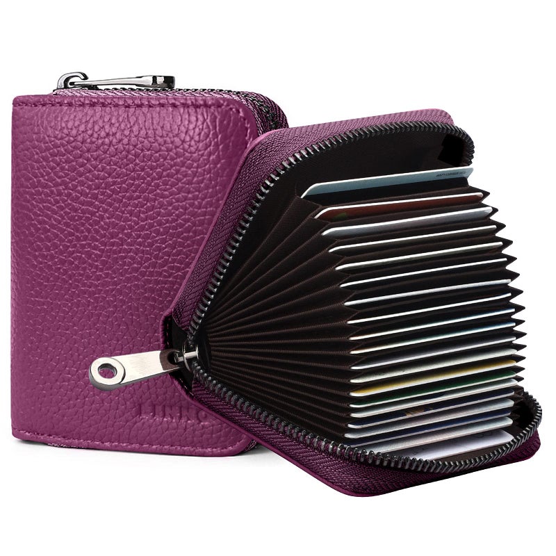 Linno RFID 20 Slots Credit Card Holder Genuine Leather Small Wallet for Women or Men with Zipper - Image 1