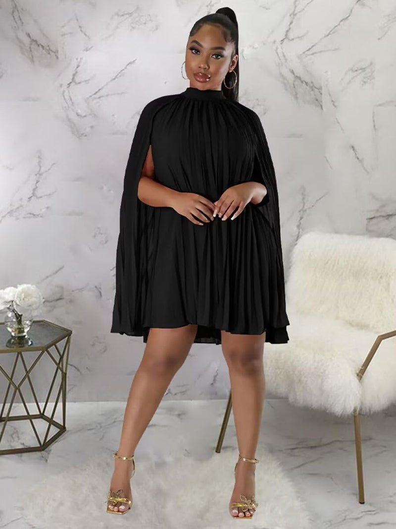 Ekaliy Womenâ€™s Chiffon Pleated Cape Dress Cloak Sleeve Knee Length Wedding Guest Shift Dress Black XXL - Image 3