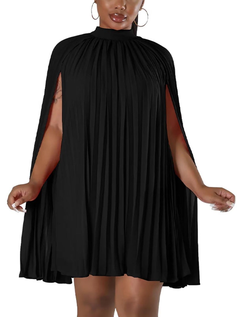Ekaliy Womenâ€™s Chiffon Pleated Cape Dress Cloak Sleeve Knee Length Wedding Guest Shift Dress Black XXL - Image 1