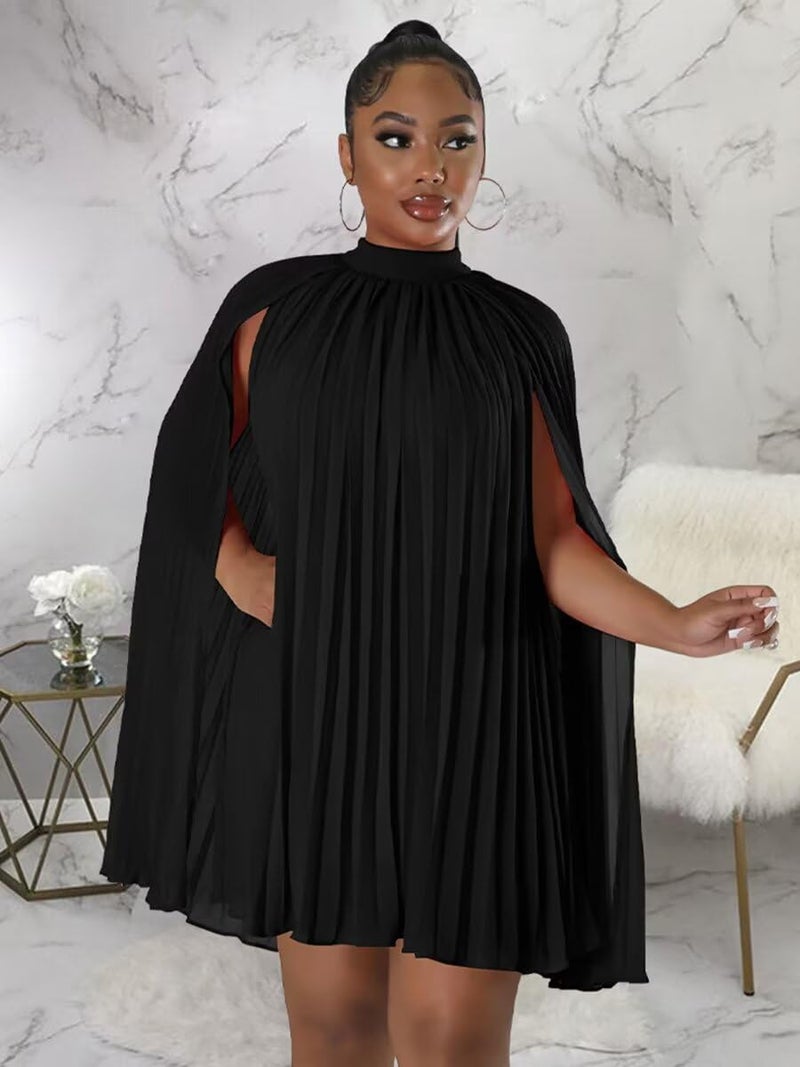 Ekaliy Womenâ€™s Chiffon Pleated Cape Dress Cloak Sleeve Knee Length Wedding Guest Shift Dress Black XXL - Image 2