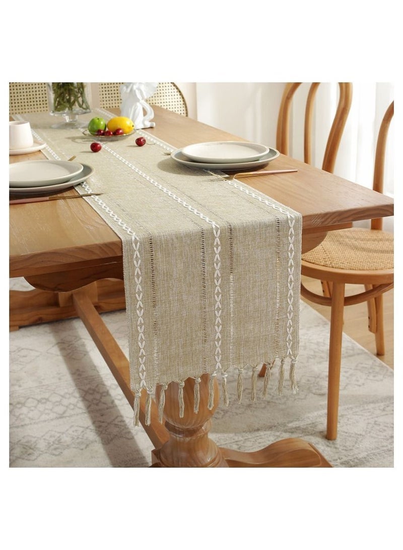 Farmhouse Table Runner Linen Handmade Rustic Table Runner With Tassels For Holiday Party Dining Room Kitchen（33*183cm） - Image 1