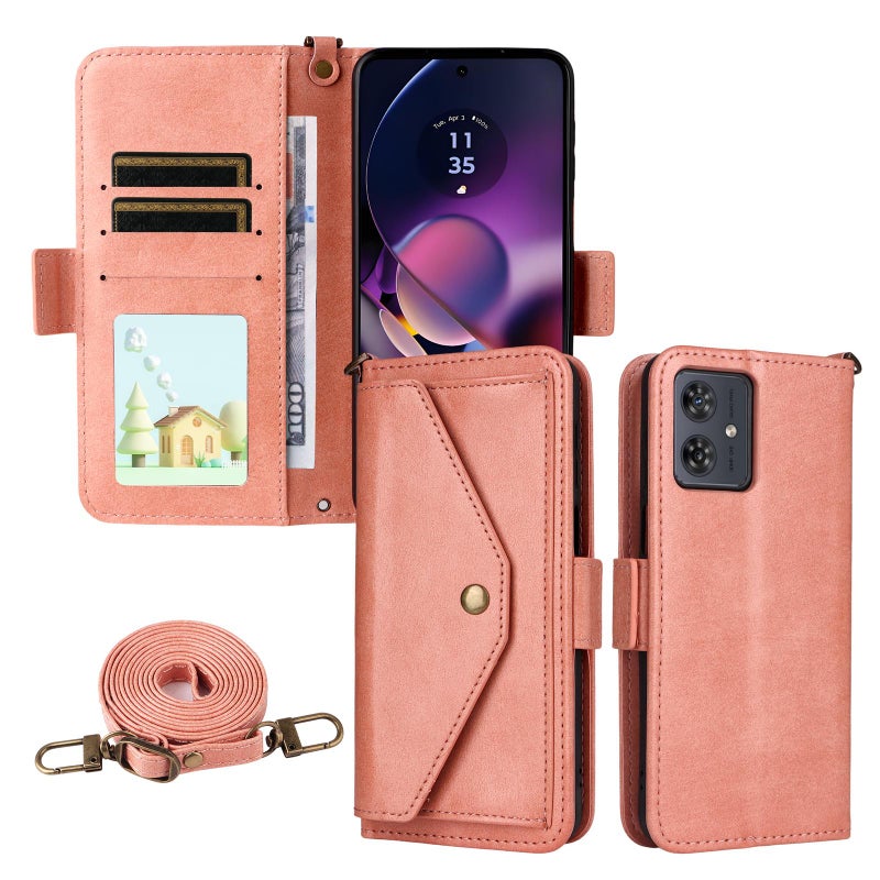 إيروريكس جراب هاتف موتورولا موتو جي 54 / جي 64 / جي 64y متعدد الفتحات للبطاقات مصنوع من جلد البقر (وردي) - Image 1