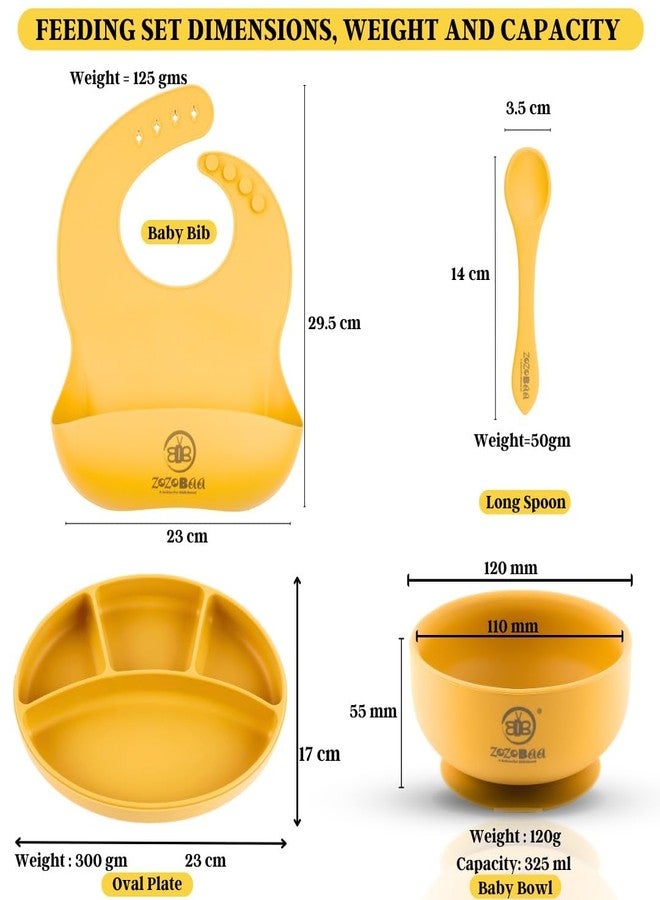 ZoZoBaa Silicone Feeding Set Including Bib, Spoon, Suction Base Oval Plate, Suction Base Bowl, | First Stage Feeding Set for BLW Training |BPA Free, Food Grade, Pack of 4, [Yellow] - Image 2
