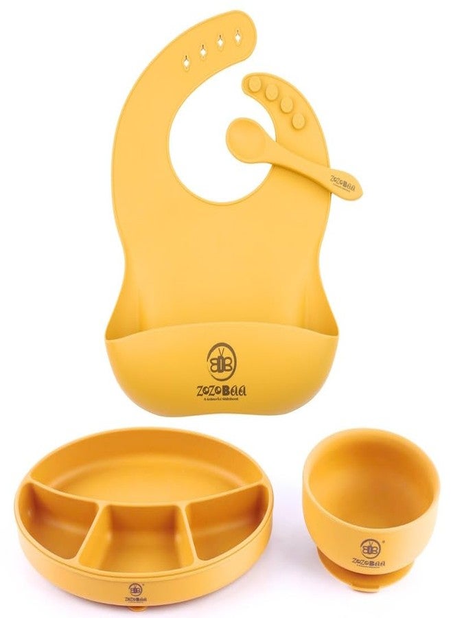 ZoZoBaa Silicone Feeding Set Including Bib, Spoon, Suction Base Oval Plate, Suction Base Bowl, | First Stage Feeding Set for BLW Training |BPA Free, Food Grade, Pack of 4, [Yellow] - Image 1