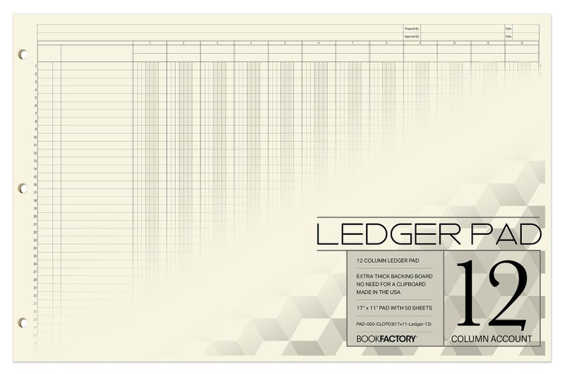 BookFactory Ledger Pad/Large 12 Column Accounting Ledger Columnar (Twelve Columns) Pads - 17'' x 11'', 50 Pages, Notepad Landscape Format (Made in USA) - Image 1