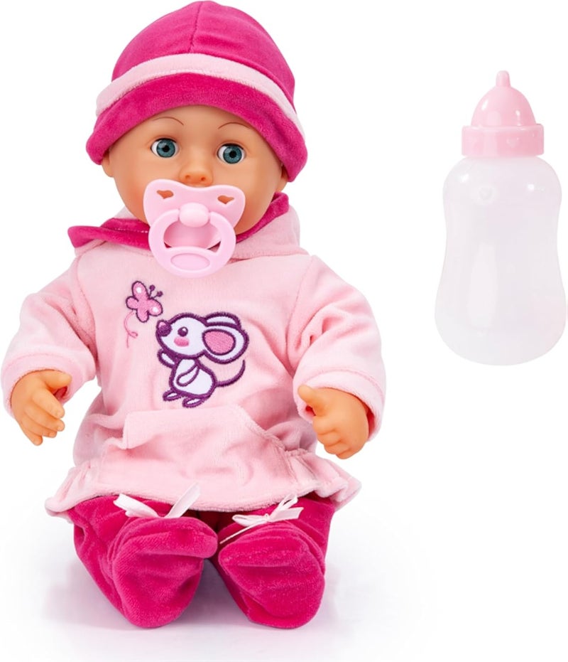 Defa Bayer Design 93824BD First Words Baby Interactive doll, talking, sounds, soft body, bottle, dummy, 38cm